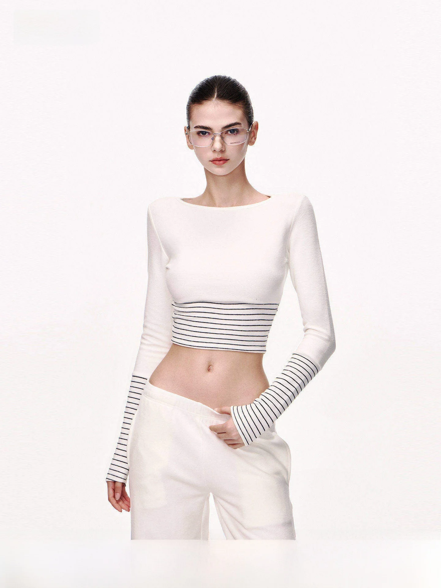 

JLAUNT Women's Long Sve T-irt White Striped Base Layer Inner Wear American Hot Girl Top Warm Knitted Polyester Blend