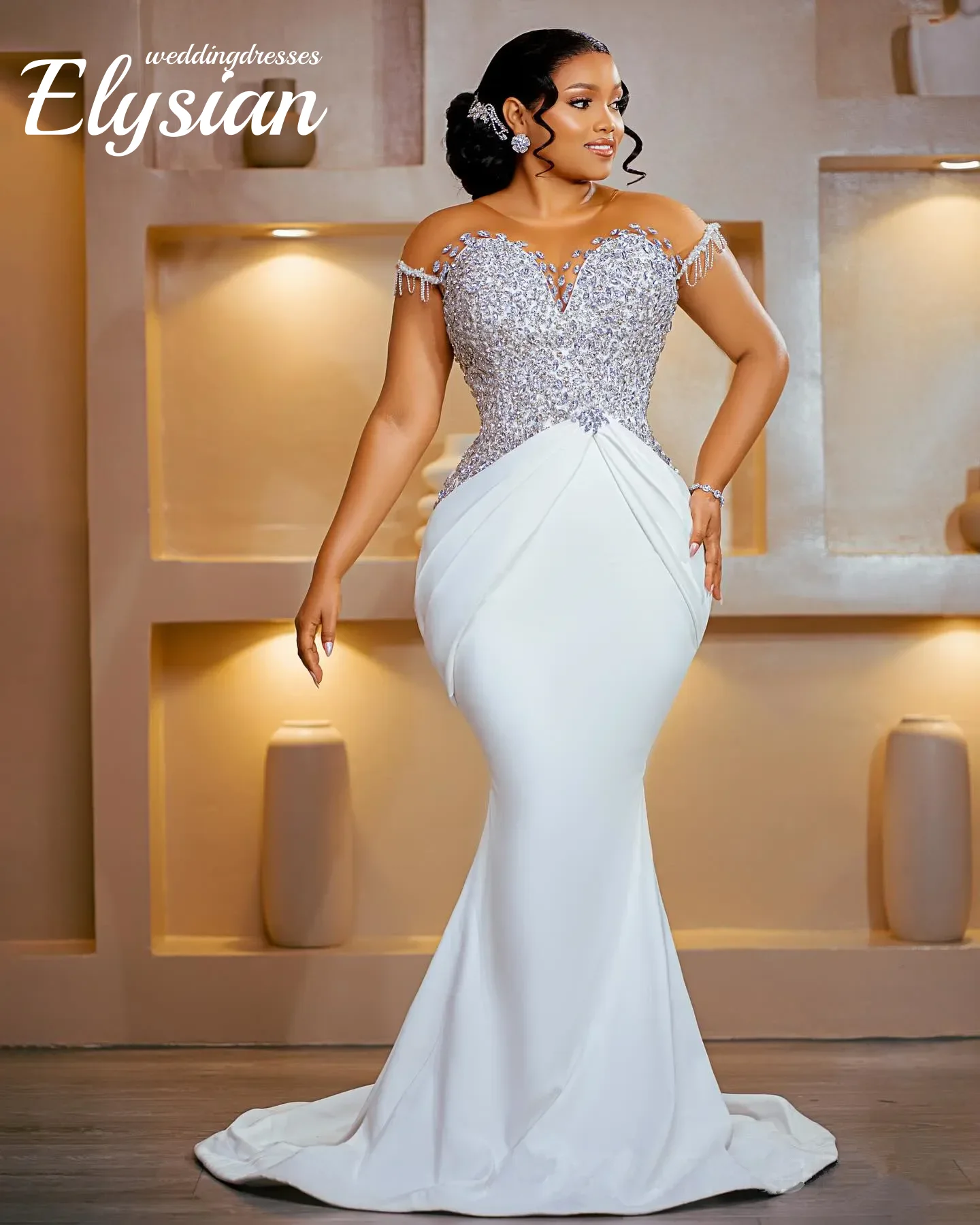Customized Wedding Dresses For Bride Detachable Train Mermaid Ball Gown Sheer Neck Short Sleeves Beaded Bridal Gowns