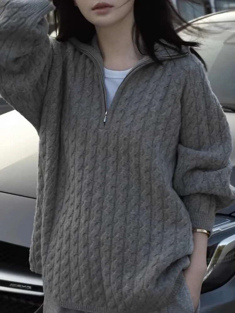 

100% cashmere fashion temperament grey twist lapel cashmere sweater women's new loose knit sweater