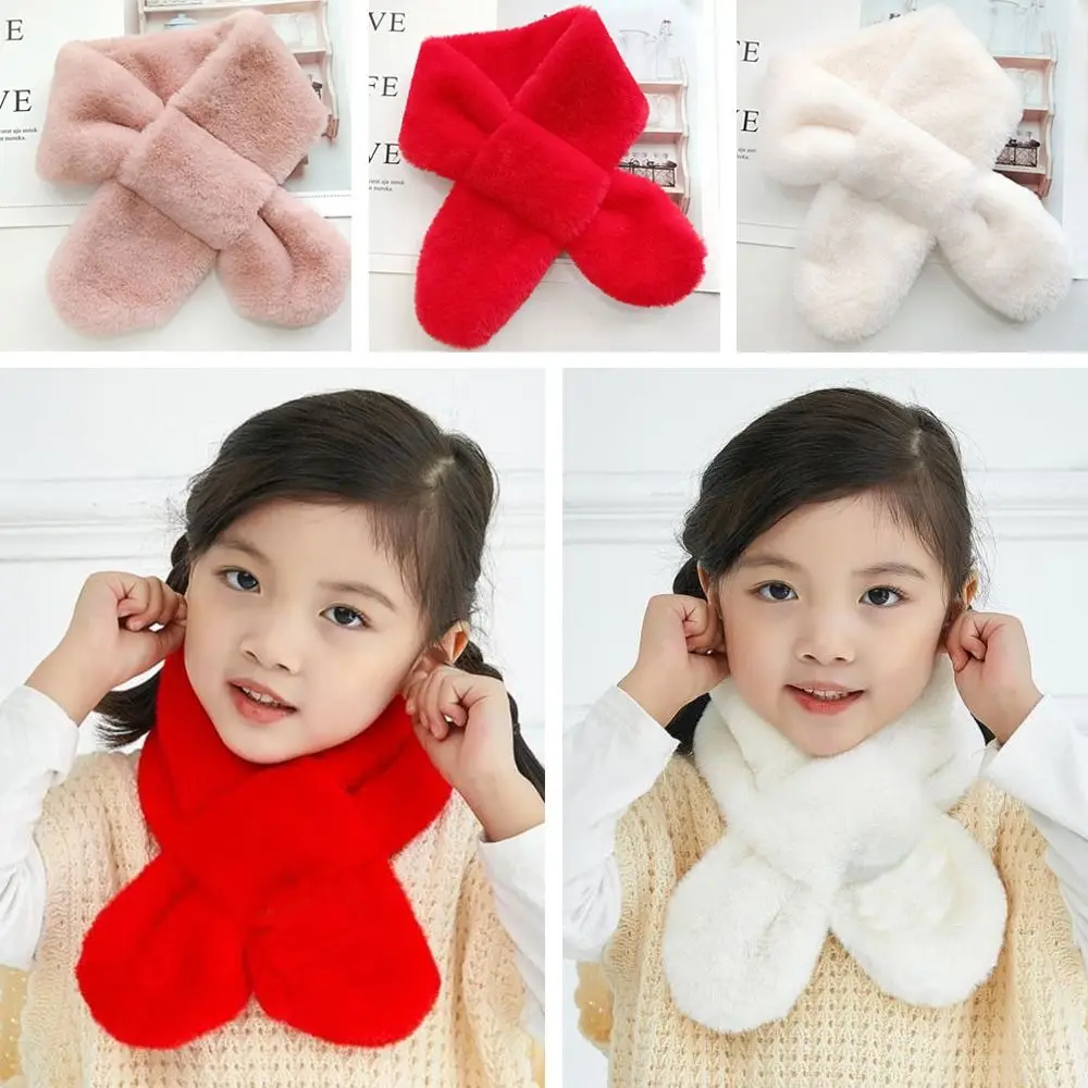 Cute Shawl Faux Rabbit Fur Plush Solid Color Neck Warmer Cross Scarf Neckerchief Wrap