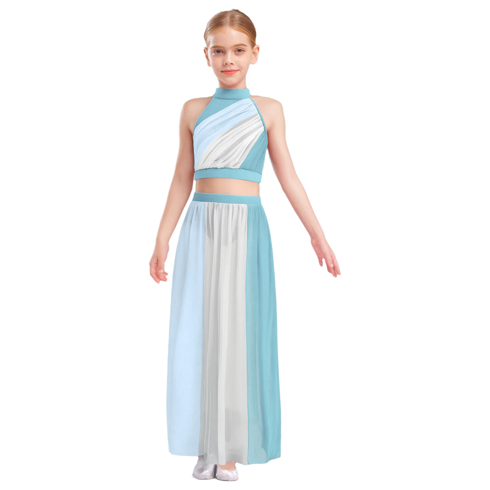 Kid meisjes lyrische moderne hedendaagse danskostuum mouwloze kleurblok ruches crop top met split chiffon rok ballet outfit