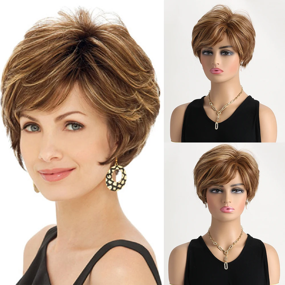 

Natural Synthetic Short Curly Light Gold Mixed With Brown Wigs For Women 10 Inch Wig Daily Gathering Party Heat Resistant Hair