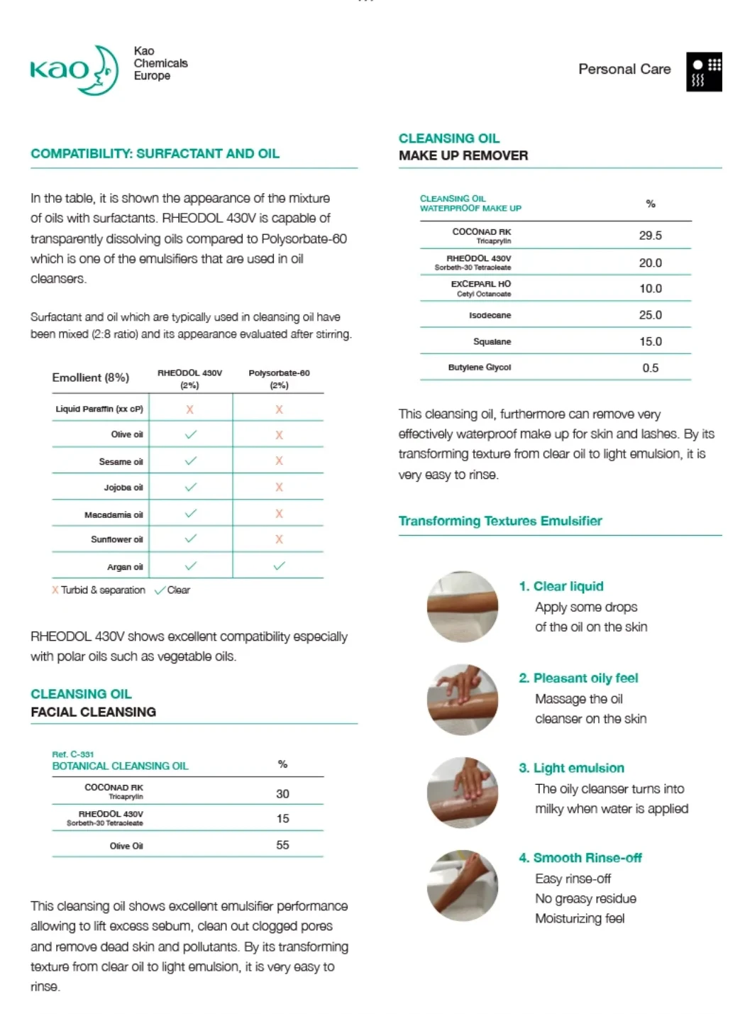 Venda quente japonês Kao Removedor de maquiagem Emulsificador de óleo RHEODOL 430V Mistura fria Limpeza Ingrediente de cuidados com a pele
