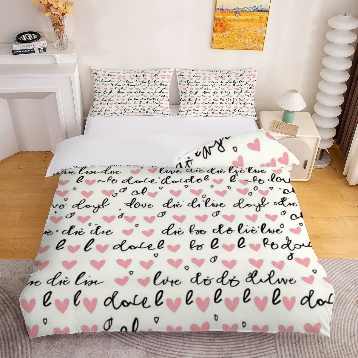 Love pattern  Duvet size  pink heart  Printed duvet cover 3-piece set with 2 pillowcases