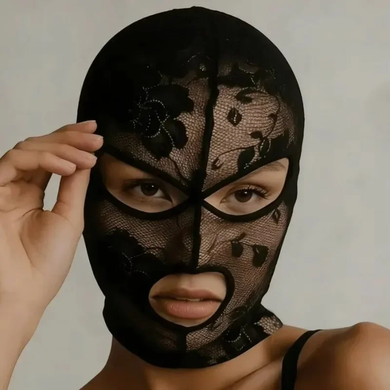 Unisex Full Face Venetian Gothic Lace Mask with Eye Mouth Openings,Black Mesh Headpiece - view 2