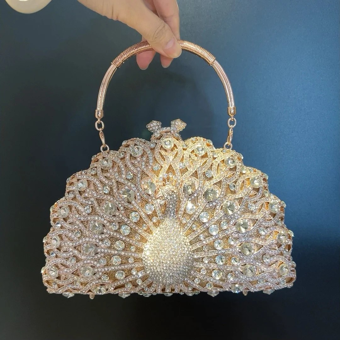 Lindo Jóias Pavão Cristal Evening Bags Mulheres Espumante Elegante Meia Redonda Diamante Bolsas E Bolsas Festa de Casamento