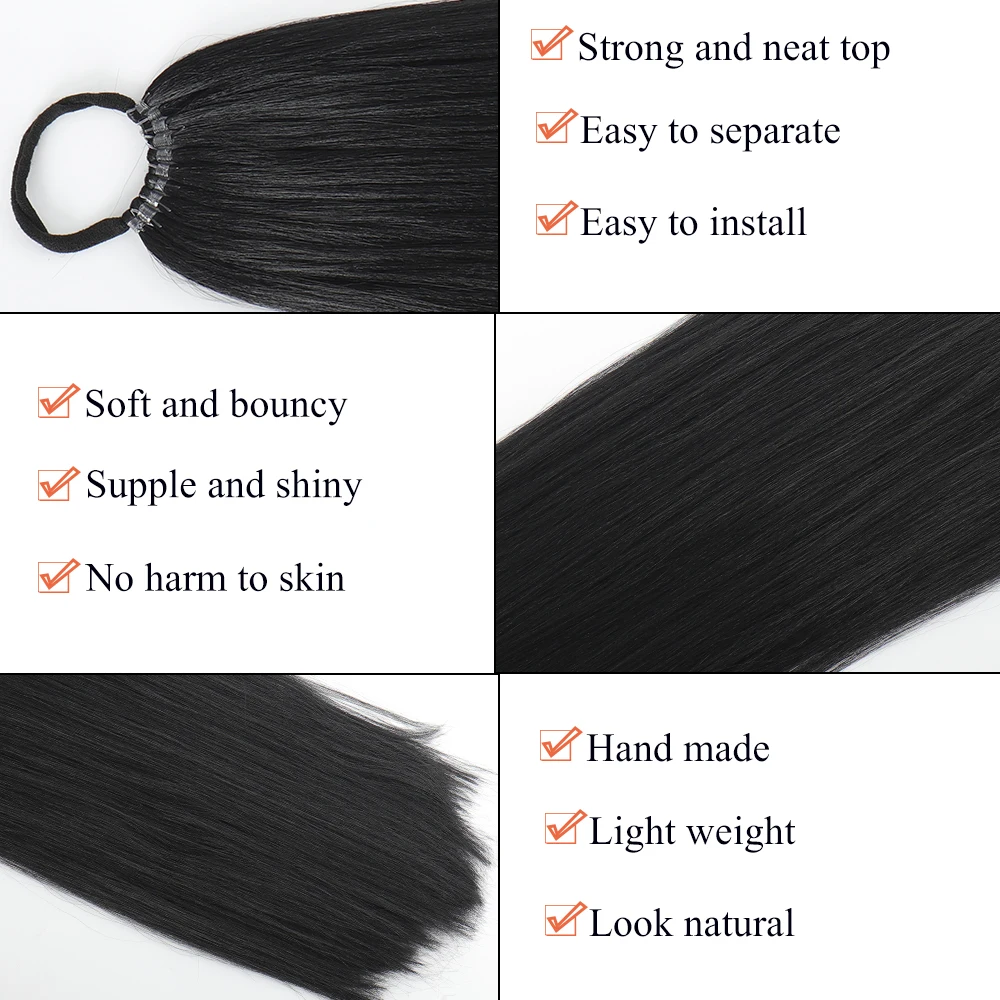 Aosiwig Synthetic Long Straight Ponytail With Elastic Band Wrap Around Black Pony Tail Extension Fake False Hairpiece For Women