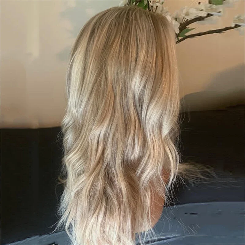 Long Ash beige Blonde Highlights   Human Hair Wig Lace Front Natural Wave Wig