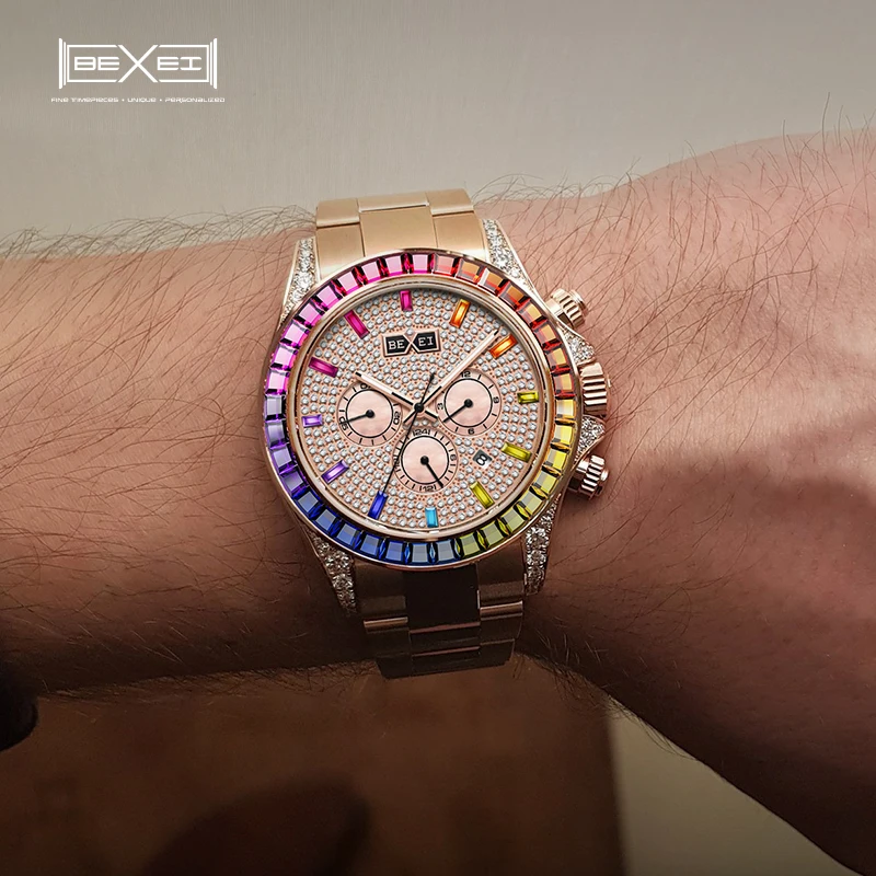 BEXEI 9155 Rainbow Crystal Bezel 360 zircons Dial movement mechanical watch Luxury sapphire 5ATM waterproof