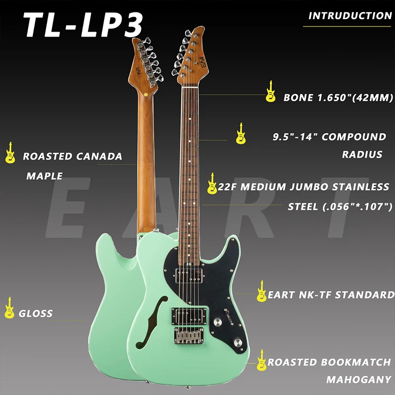 

Электрические гитары EART TL-LP3 Hollow Roasted Canada Maple, классический набор хамбакеров, звукосниматели, гитара с фиксированным мостом