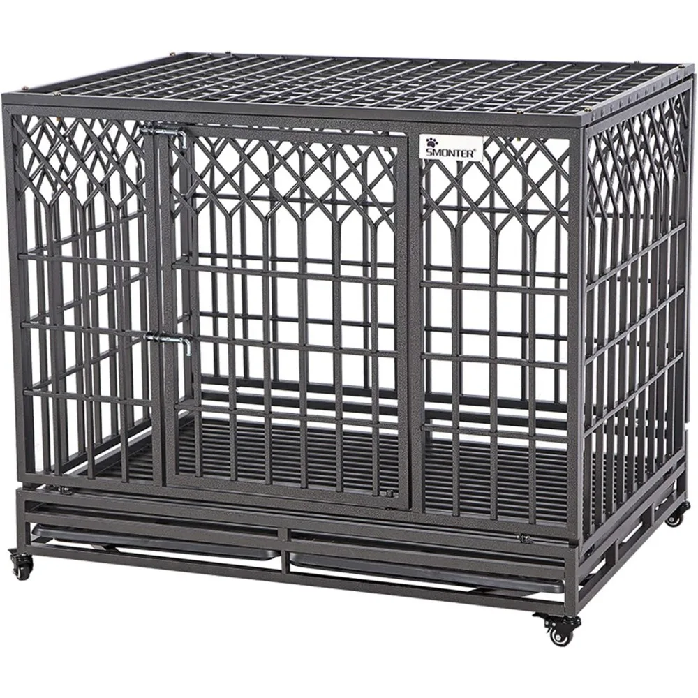 

42" Heavy Duty Dog Crate Strong Metal Pet Kennel Playpen with Two Prevent Escape Lock, Large Dogs Cage with Wheels, Y Sh