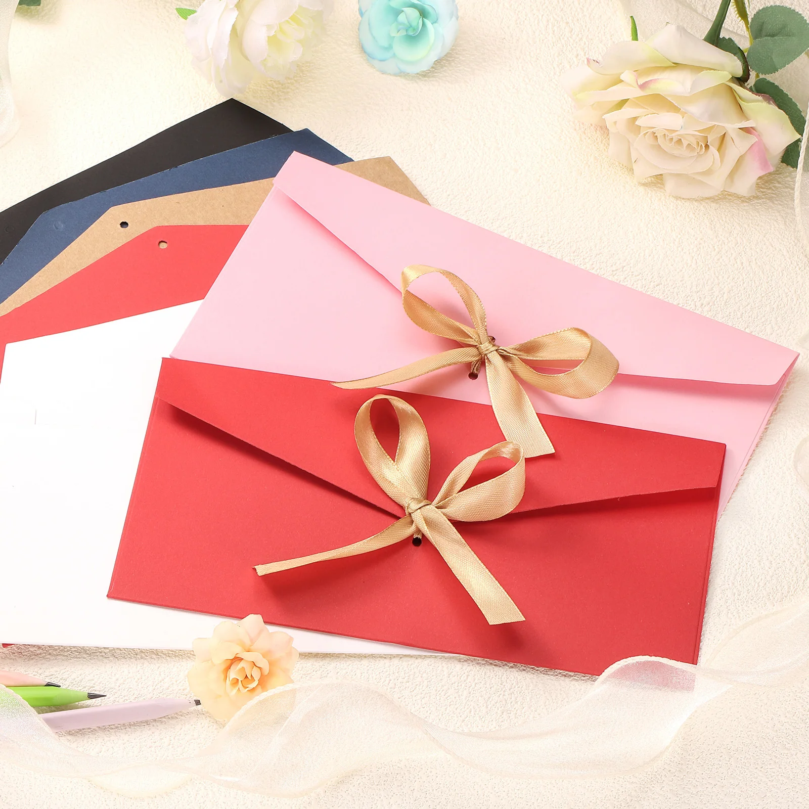 

20Pcs Kraft Paper Envelope with Bow Thicken Ribbon Wedding Party Invitation Greeting Cards Gift Envelope Blank Paper Envelopes