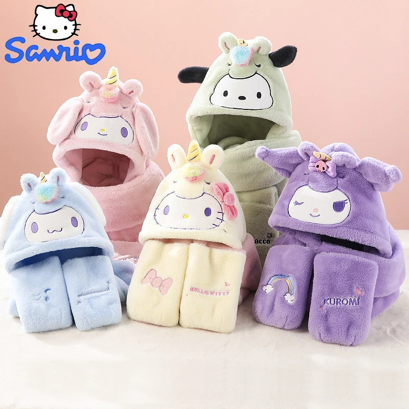 Sanrio Hello Kitty Hat Scarf and Glove Three-in-one Set Children's Plush Warm Scarf Winter Windproof Hat Gloves Cartoon Gift