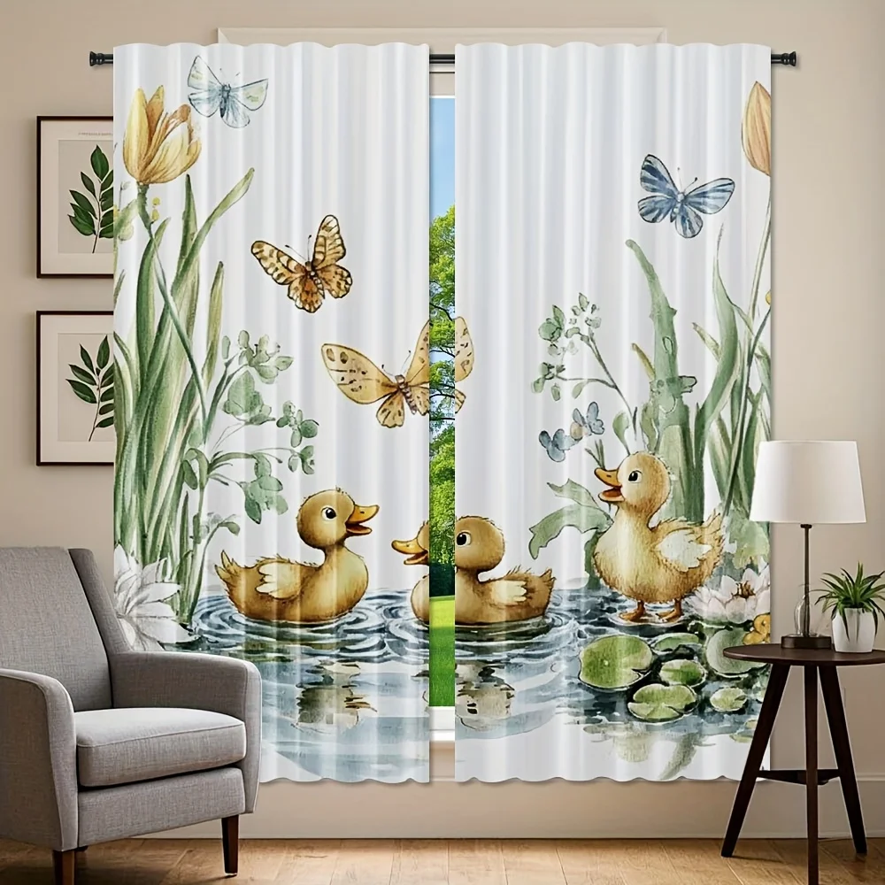 Watercolor Duck Pond Spring Nature Curtain Drapes Floral Lilies Butterflies Art Window Treatment for Nursery Decor
