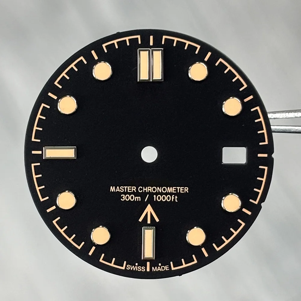 31mm Watch Dial NH35 S Logo Vintage Yellow Index Black Dial Green Luminous Diver Mod Upgrade Parts
