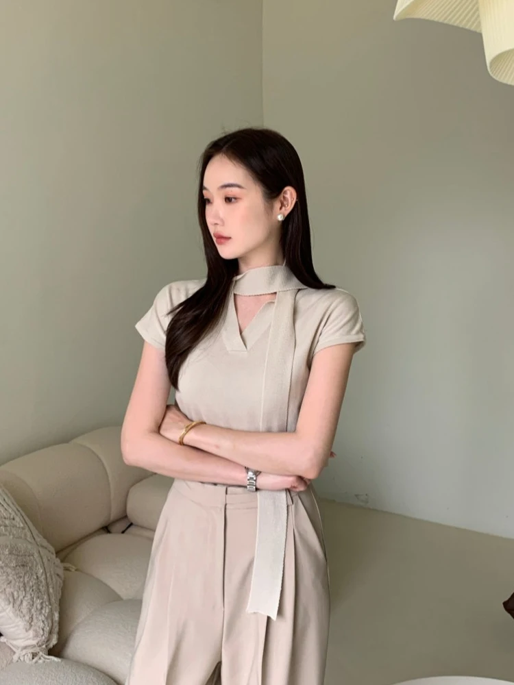 

Ele ort Sve Knitted Top Women's Thin V-ne Belted Slimming Summer Faion Korean Sle Knot Design Casual...