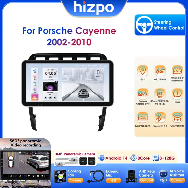 Hizpo 10.33" Samochodowy odtwarzacz multimedialny Android 14 dla Porsche Cayenne 1 2002-2010 Carplay Screen 2 Din Navi GPS RDS Stereo Head Unit