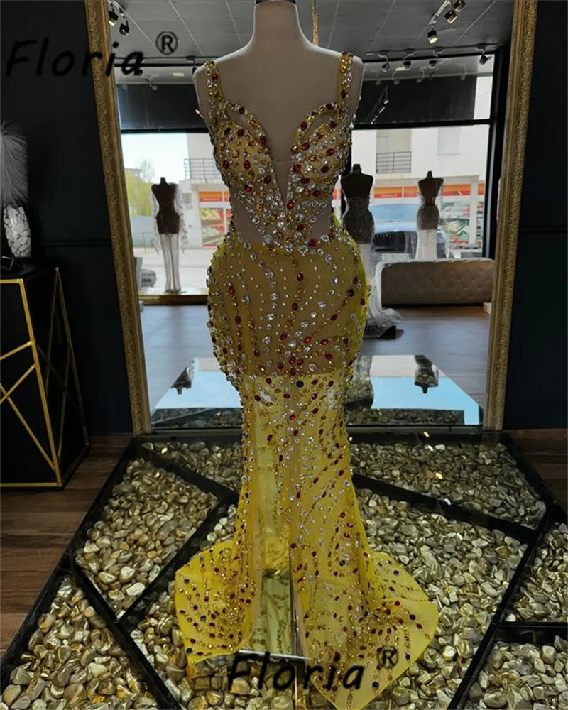 Luxo Yellow Crystal Stones Rhinestones Evening Dresses Stunning Major Heavy Beads Red Carpet Dress Illusion Long Pageant Gowns