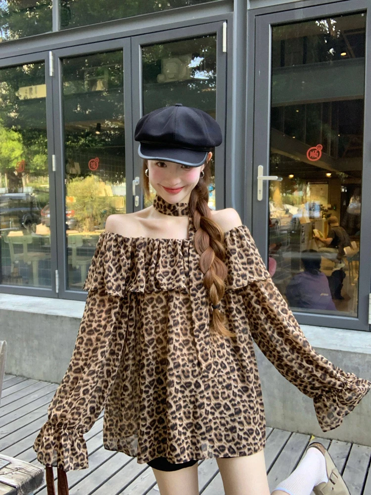 

Summer 2026 Loose Sleeveless Women's Fashionable Hot Girl Style Long Sleeve Leopard Print Ruffle Chiffon Top Female