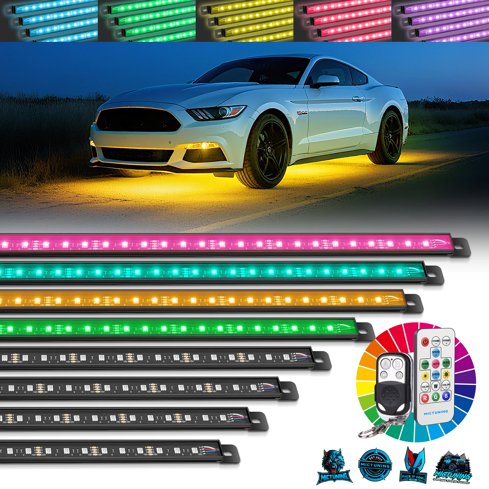 

MICTUNING U8 Car Underglow Light Strips U8 RGB Underglow LED Light Bar with Dual Remote Control Car Exterior Neon Accent Lamps