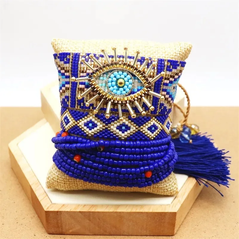 Blue Vintage Ethnic Style 3D Devil's Eye Miyuki Bracelet Handmade Beaded Multi layered Religious Totem Bracelet