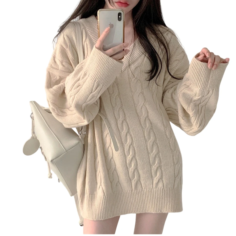 كوريا فضفاضة كسول الخريف والشتاء سترة برقبة على شكل v المرأة المقلية العجين التقلبات حفرة قطاع بسيط سميكة الحياكة