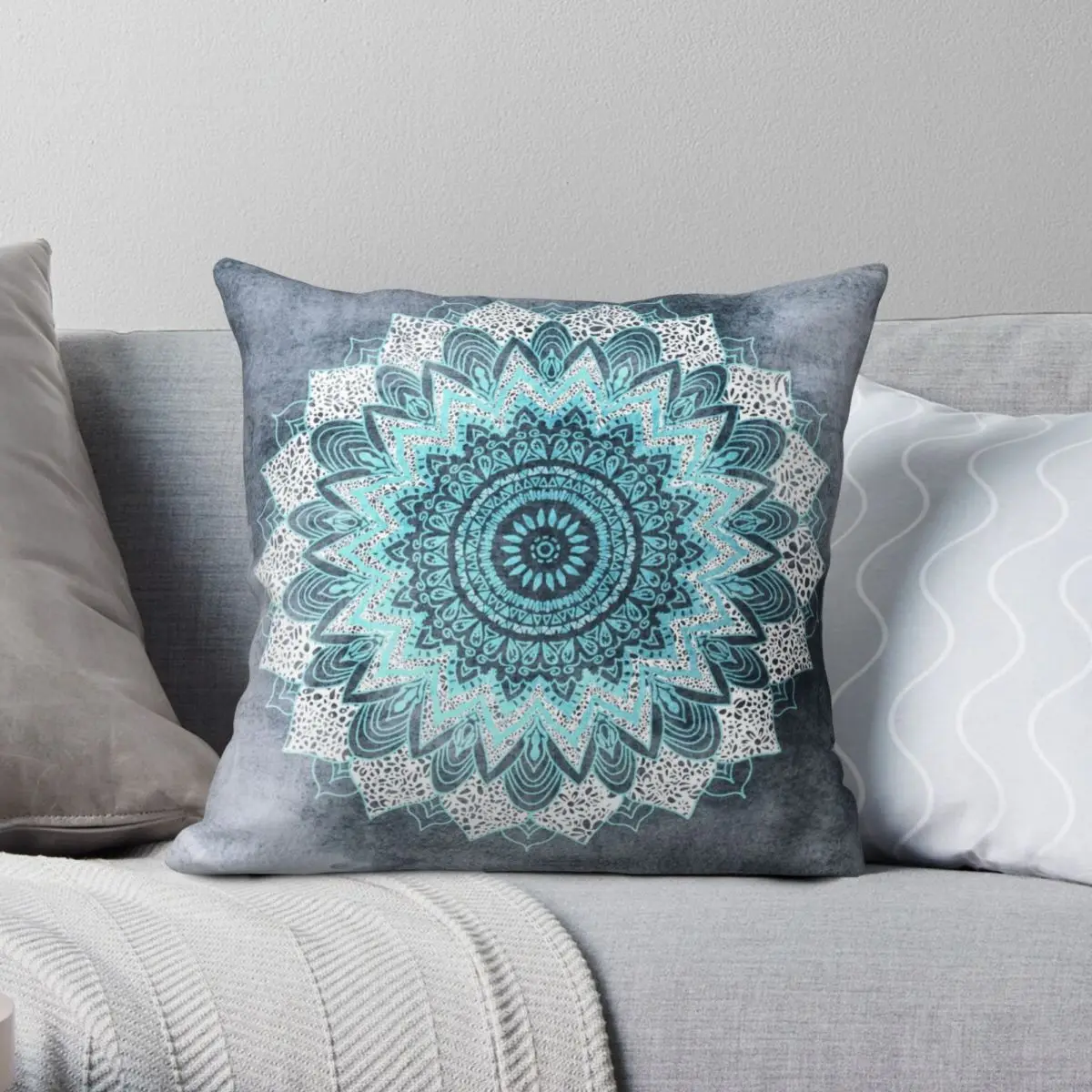 

Bohemian Mandala White Turqueise Square Pillowcase Polyester Linen Velvet Pattern Zip Decorative Room Cushion Case