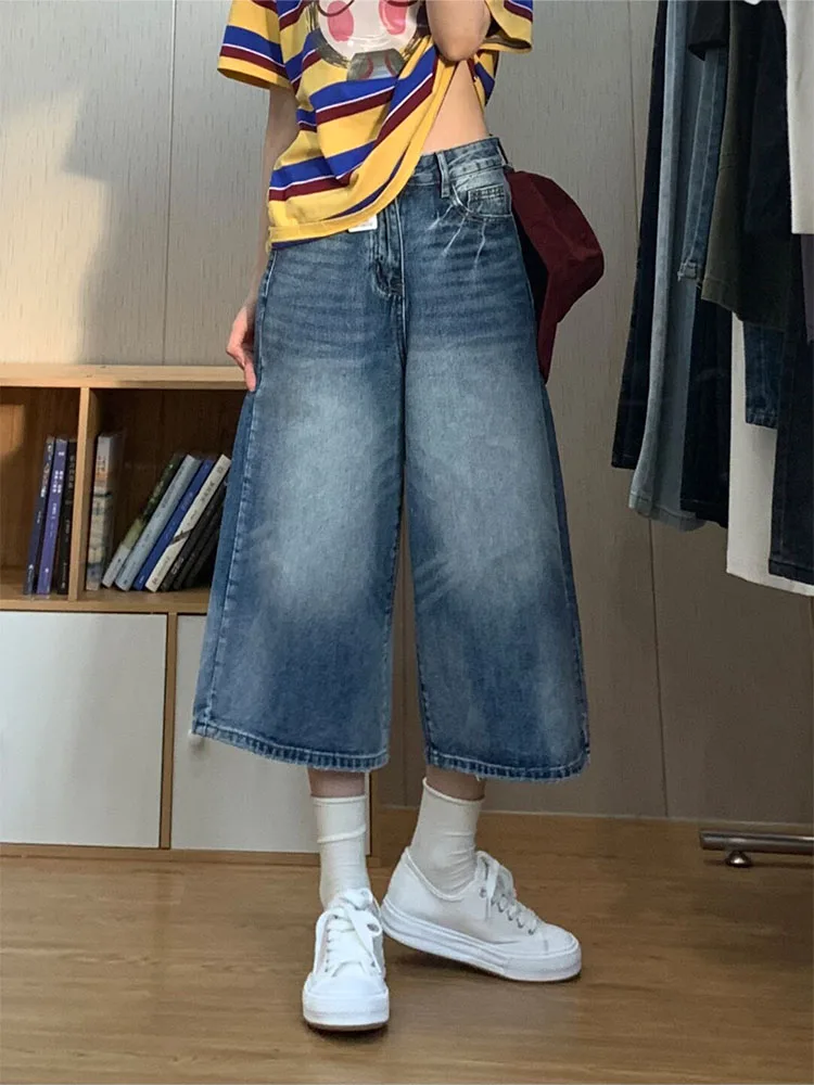 

Широкие джинсы с высокой талией, женские потертые семидюймовые джинсы, повседневные джинсы из смеси хлопка, летняя новая мода