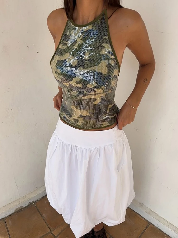 Camouflage Halter Top Neck-mounted Sequined Y2k Crop Top Women Clothing Backless Cute Corset Camison Verano Zipper Ropa Mujer