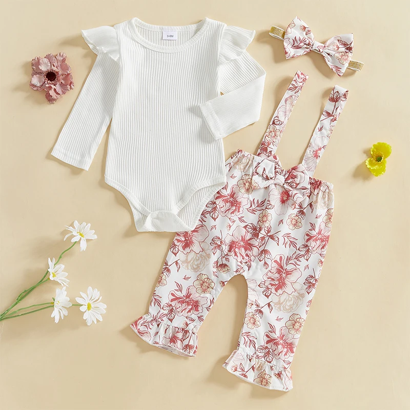 Spring Autumn Newborn Baby Girls Clothing Sets Solid Ribbed Long Sleeve Rompers with Floral Print Suspender Long Pants Headband