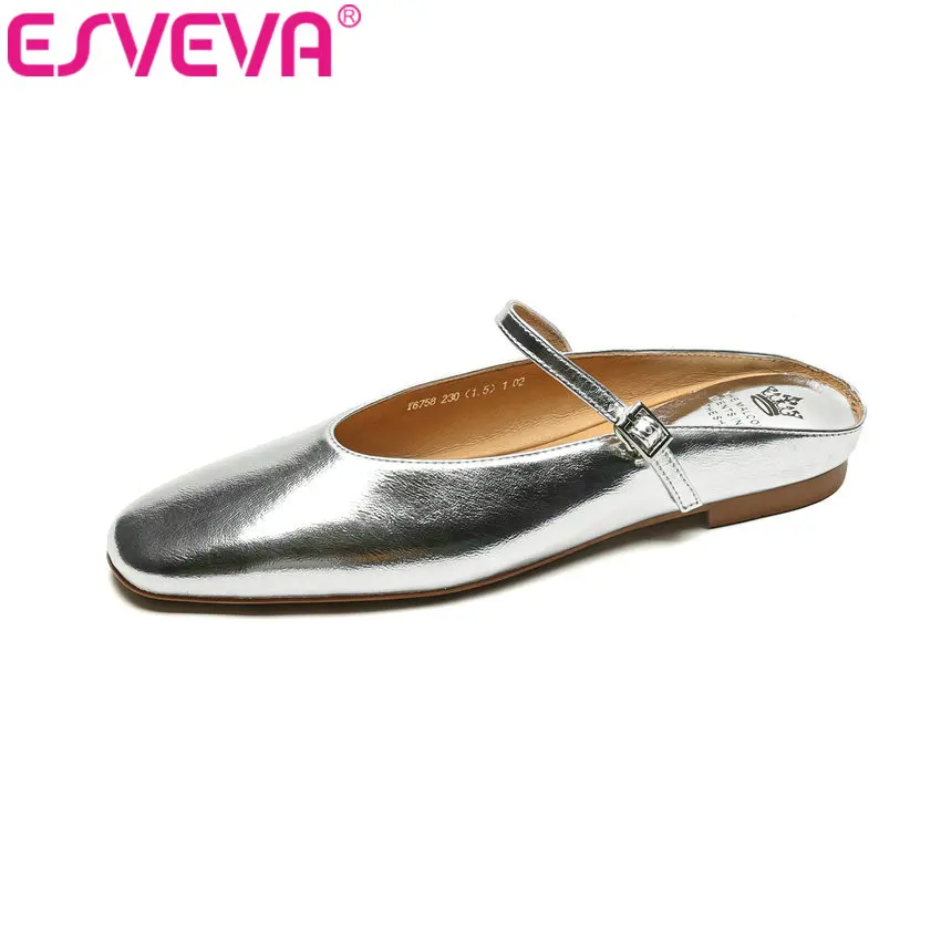 

ESVEVA 2024 Genuine Leather Slippers Summer Flat Heels Women Sandals Elegant Party Prom Shoes Woman Office Lady Size 34-43