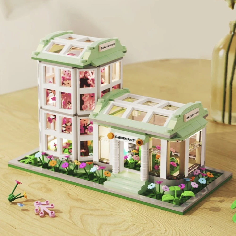 

MOC Garden Party Series Sun Glass House Botanical Building Blocks Set Light Sunshine Billa Hut Toys For Children Birthday Gifts