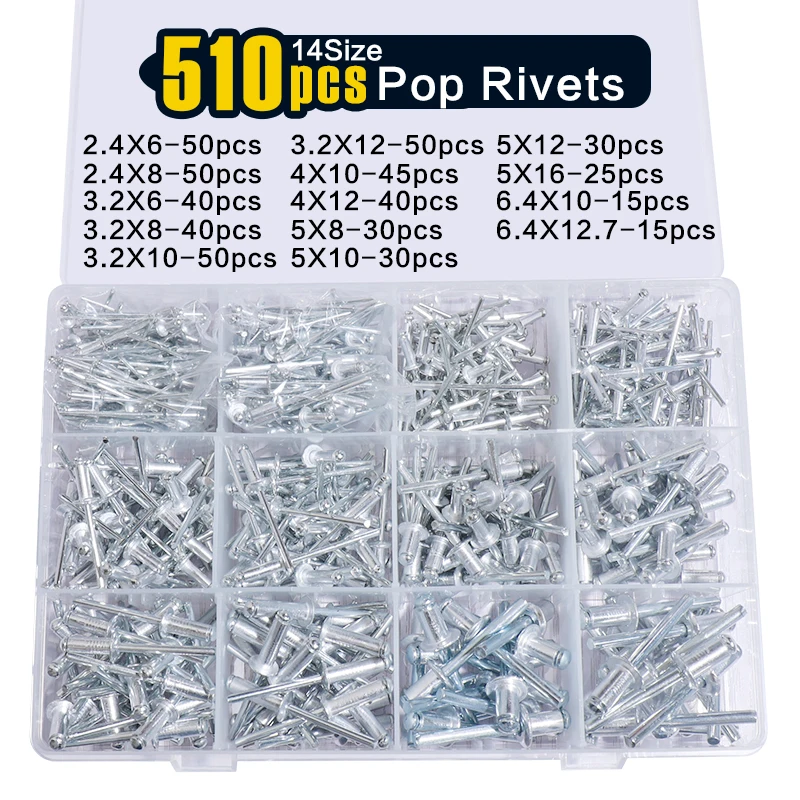 510pcs Pop Rivets Assortment Kit G,14 SAE Sizes Aluminum Rivets (3/32