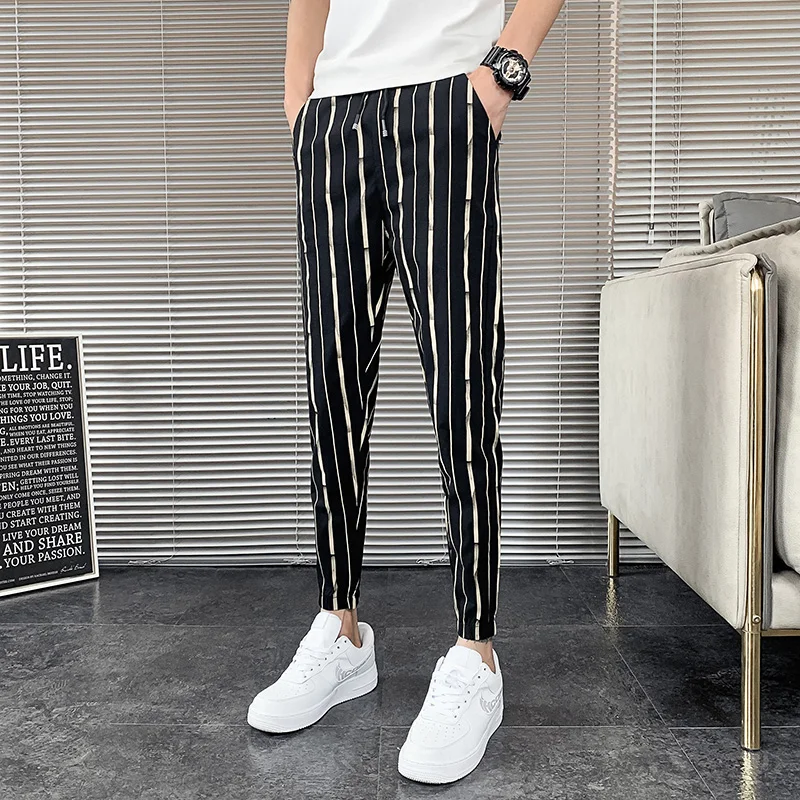 

Spring Stripes Casual Pants for Men Retro Slim Fit Pencil Pants Thin Comfortable Breathable Trousers Elastic Waist Jogging Pants