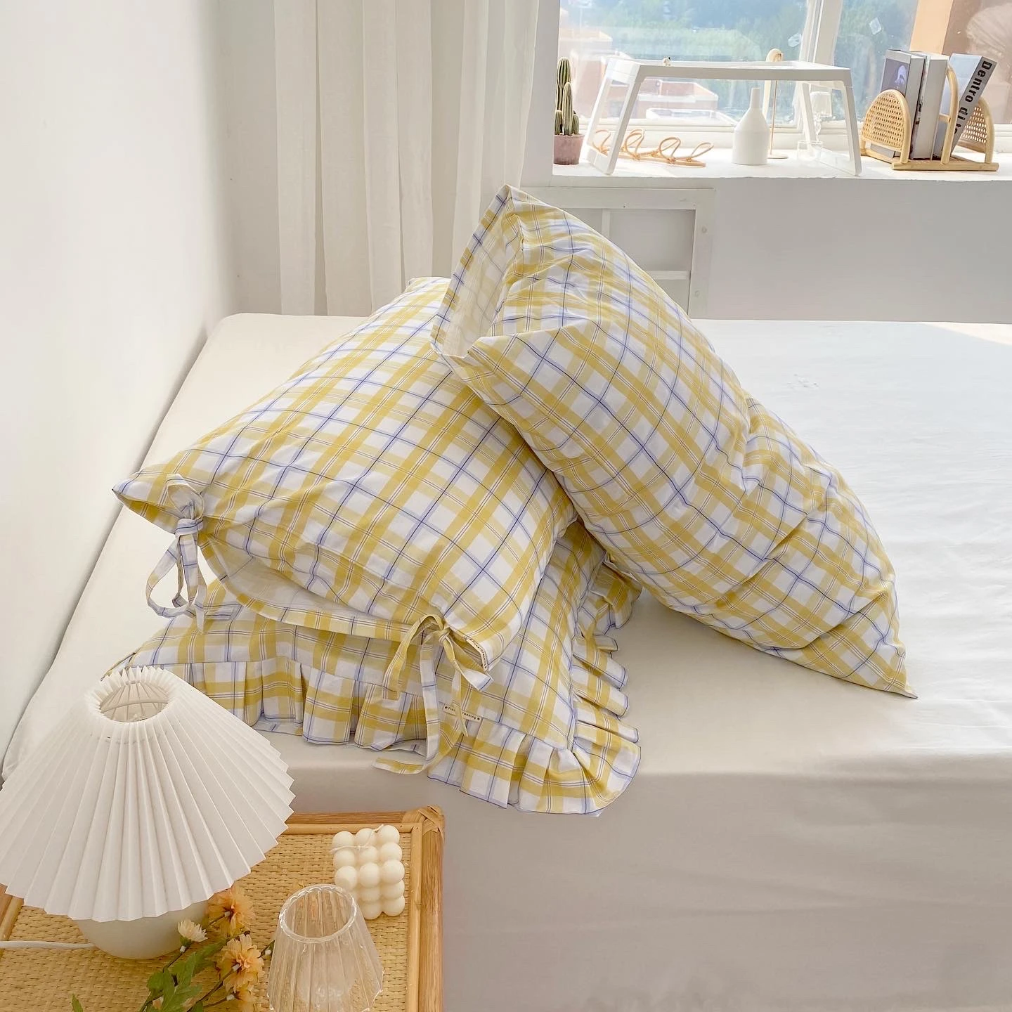 Yellow Plaid Sleeping Pillowcase, 100% Cotton, Minimalist Style, Sleep Pillow Cover, Korea, 48x74cm