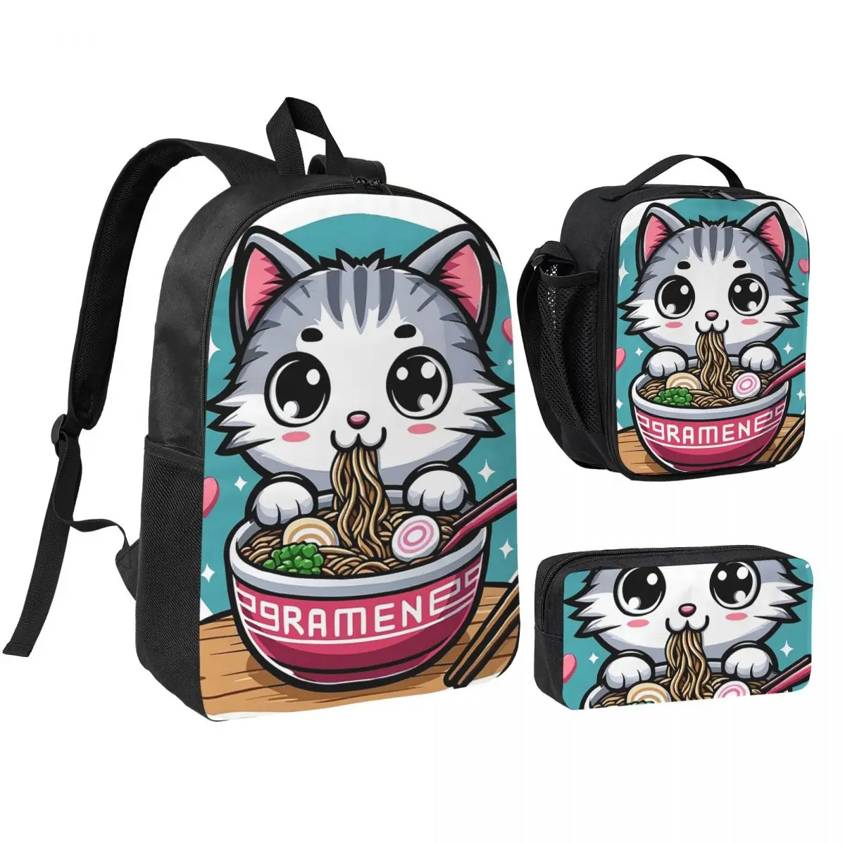Cute Cat Eat Lamian Noodles Ramen Backpack Boys Girls BookBag School Bag Shoulder Bags 3ps Insulated Lunch Bag Pencil Case