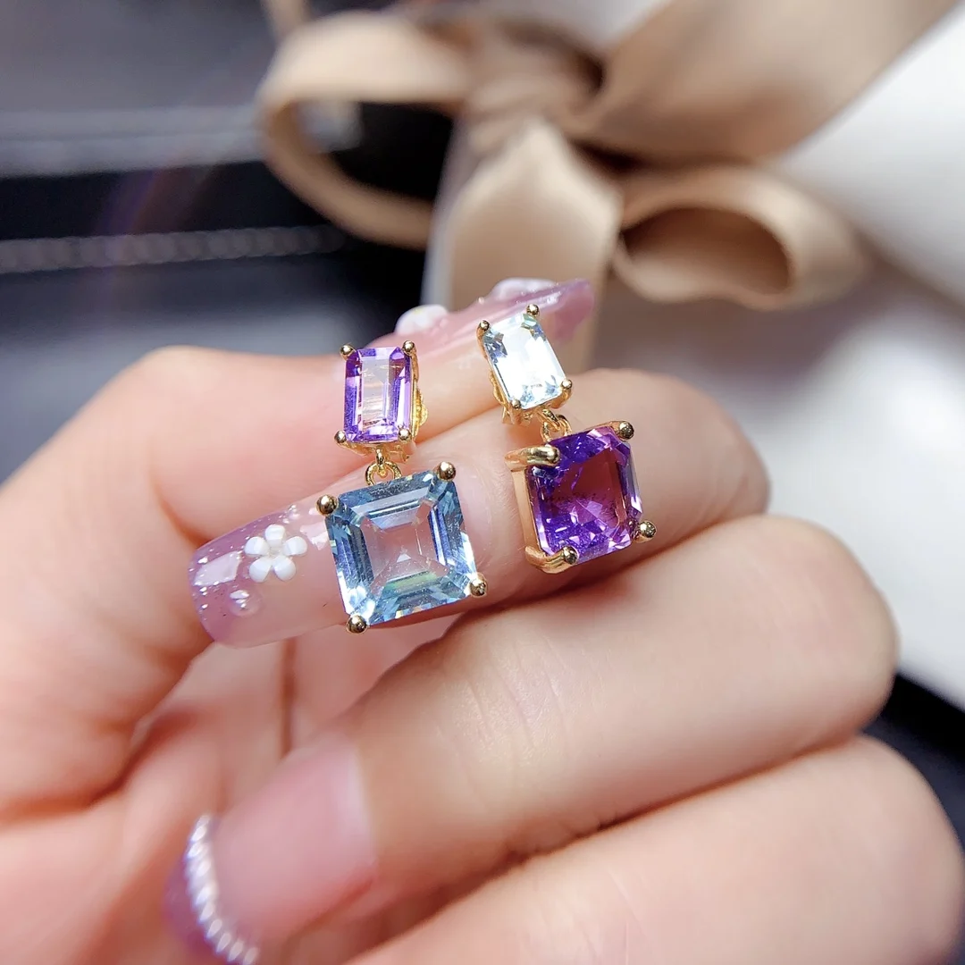 FS S925 Sterling Silver Natural Amethyst Topaz Asymmetric Earrings for Women Fine Charm Wedding Jewelry With Certificate MeiBaPJ - view 2
