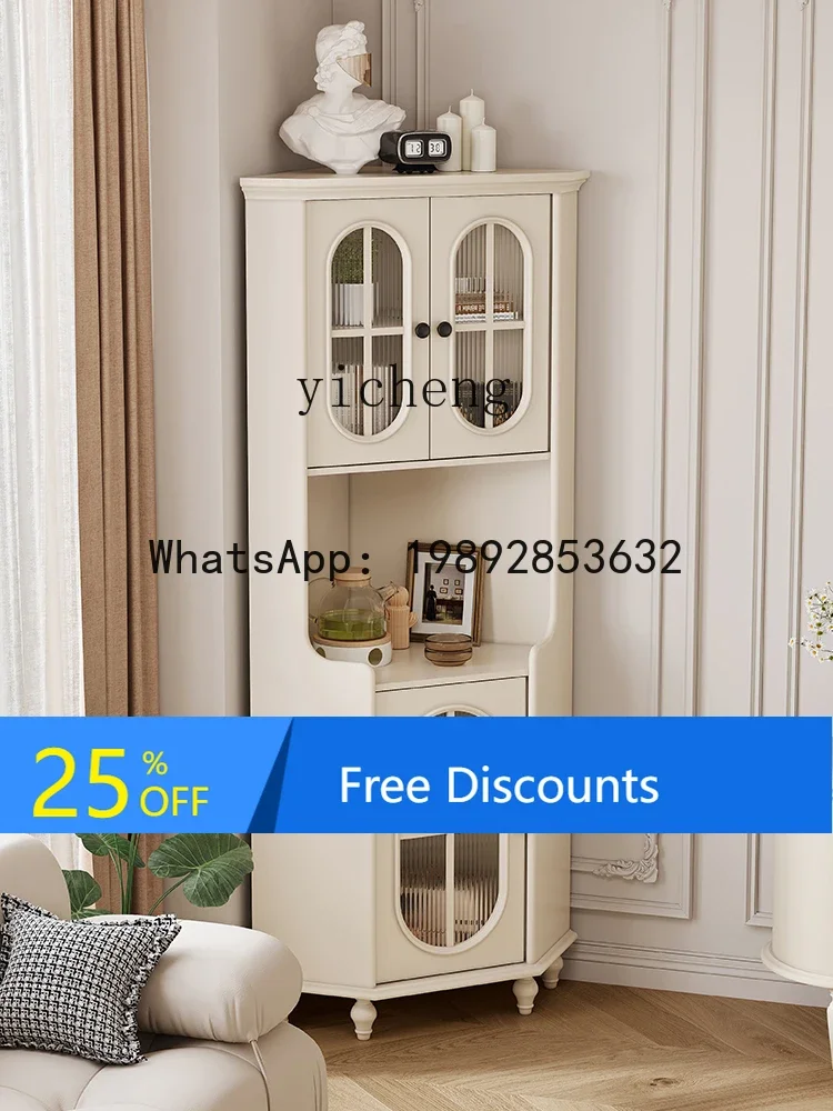 

cream wind all solid wood corner cabinet small apartment tea cabinet living room rack triangular dining side cabinet