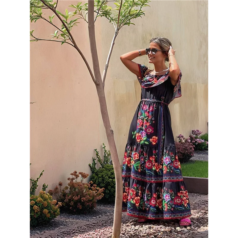 Robe mexicaine d'été pour femmes, imprimé Floral, épaules dénudées, sans manches, longue robe de plage Maxi, nouvelle collection