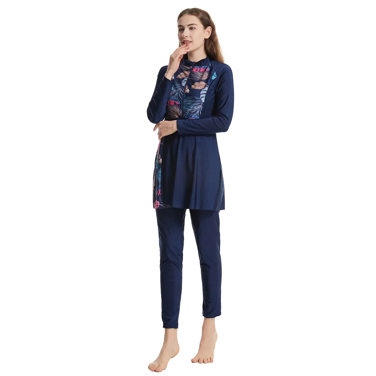 Women Muslim Swimwears Tops Print Kaftan Arab Pencil Pants Three Pieces Elastic Waist Swim Bathing Cap Spliced Sportswear