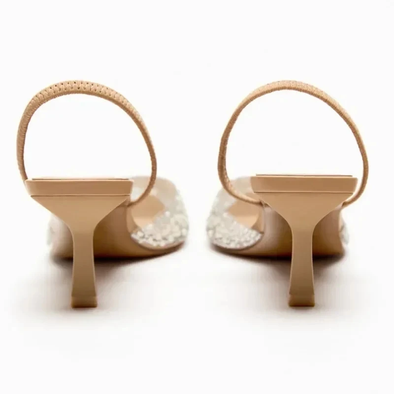 TRAF trasparente strass tacchi donna scarpe col tacco alto punta a punta Slingback tacchi alti 2024 donna pompe perla tacchi da sposa