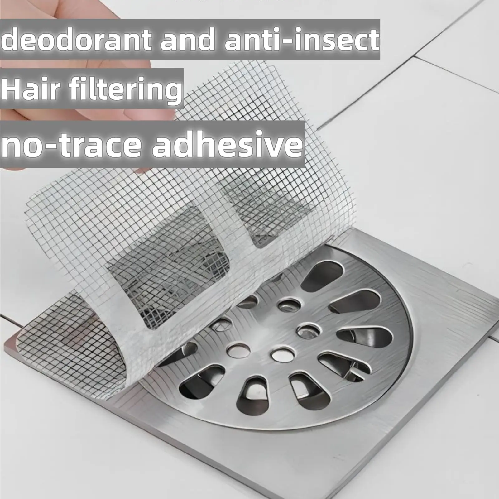 Rechteckiger/quadratischer Duschablauf, Haarfänger, selbstklebende Bodenablaufaufkleber, Einweg-Spülbeckensiebfilter aus Netzstoff für Badezimmer – Detail 2