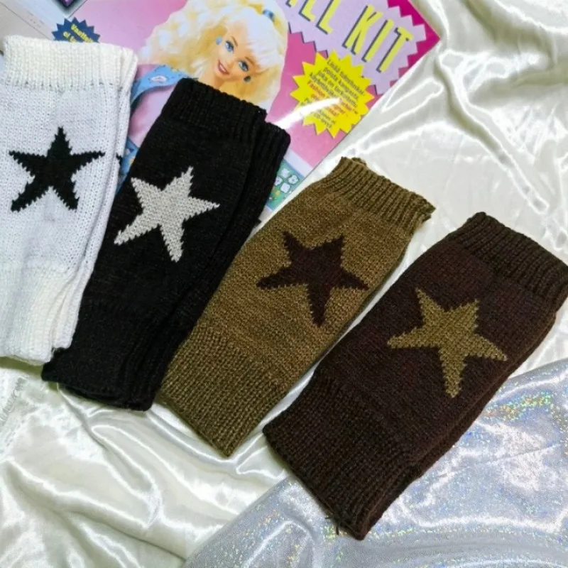 Punk Y2K Star Knitted Woolen Gloves Fashion Men Women Pentagram Half Finger Warm Soft Mitten Five Pointed Star Fingerless Gloves