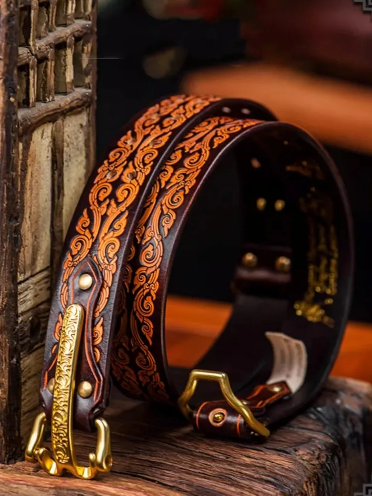 Handmade Genuine Leather Belt Mens Personality Copper Buckle Embossed Ethnic Style Real Cowskin Waistband Accessory For Jeans