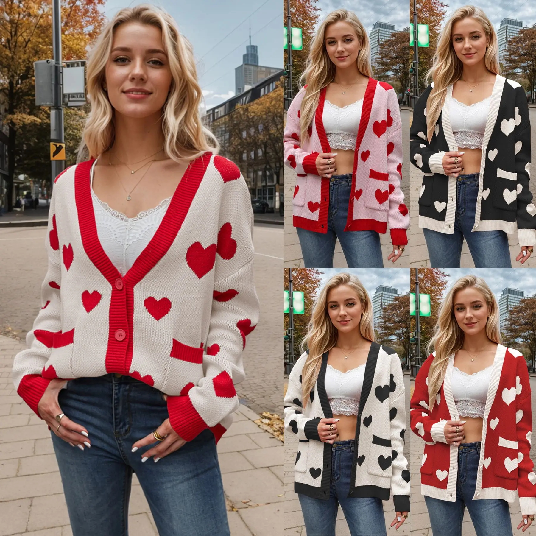 Pullover Women's Tops Female Clothing Top Pullovers Valentine's Day Heart Peach Knit Cardigan Pocket V-Neck Jacket