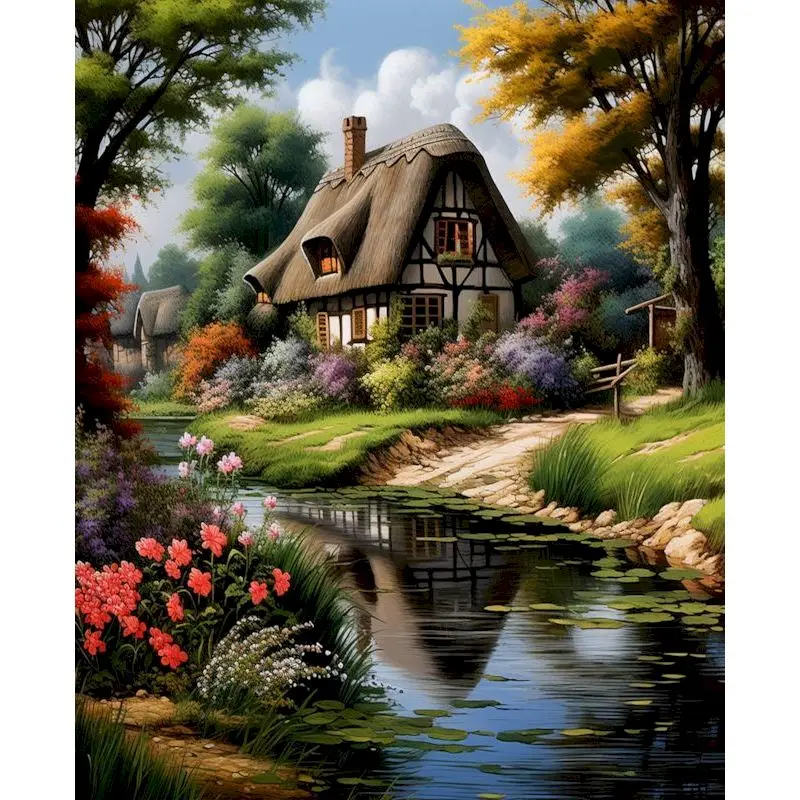 

RUOPOTY Painting By Numbers Lake Wooden House Diy Art Coloring By Number For Adult Landscape Kits Handicraft Home Decoration