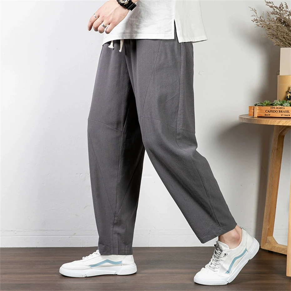 Solid Color Linen Pants Men 9XL Plus Size Pants Fashion Casual Pencil Pants Male Linen Trousers Big Size 9XL