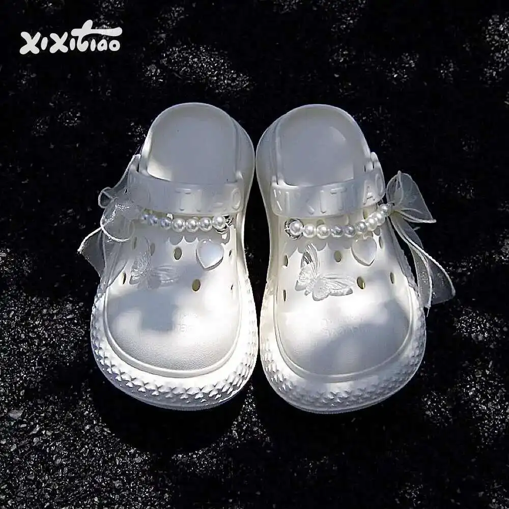 

Women Garden Shoes Beach Slippers DIY Butterfly Pearl Chain Women's Beach Vacation Anti Slip Summer Bathroom Cool Slippers