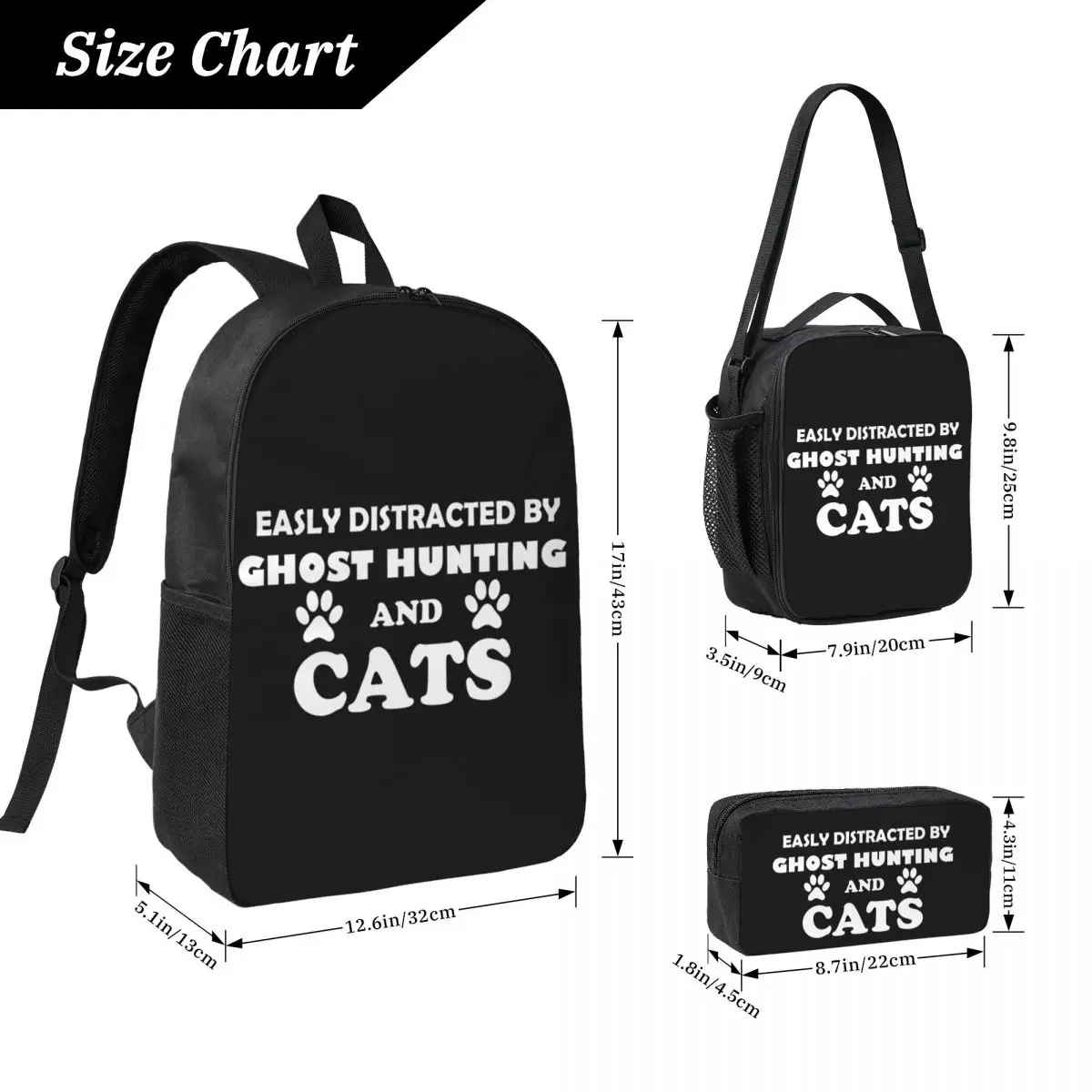 Easily Distracted By Ghost Hunting And Cats Backpack BookBag School Bag Shoulder Bags 3ps Insulated Lunch Bag Pencil Case