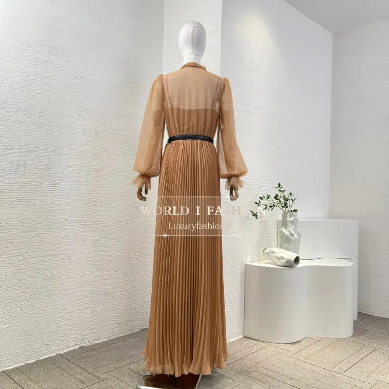 Women's Khaki Polka Dots Self Bow Tie At Neck Long Sleeve Pleat Ruched Maxi Dresses for Party 2025